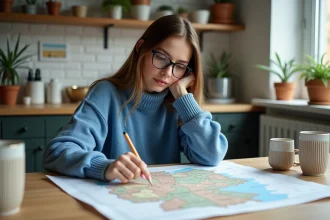 Jeune femme regarde une carte de l'Allemagne à la maison