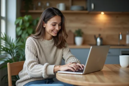 Jeune femme souriante travaillant sur son ordinateur dans la cuisine