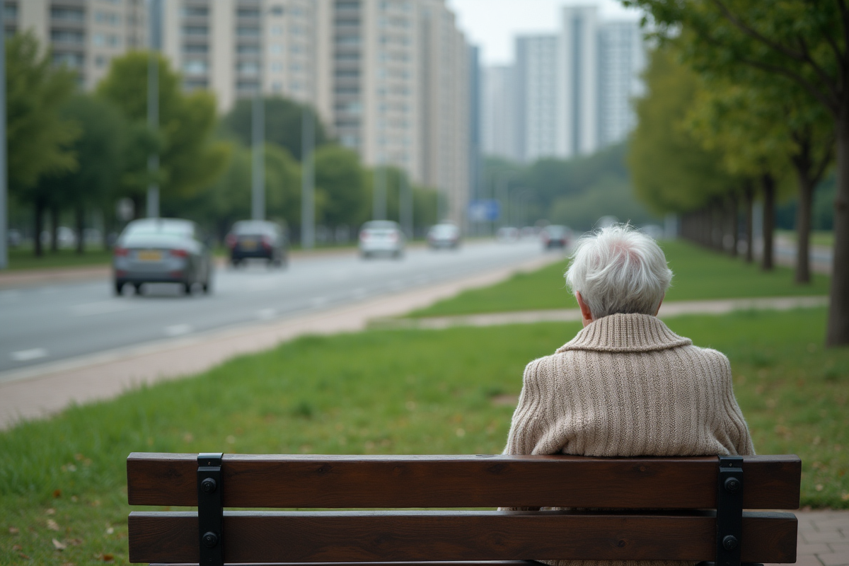 Femme âgée assise dans un parc urbain avec vue sur la ville