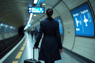 Femme avec valise sur un quai de métro parisien avec panneau de direction vers l'aéroport