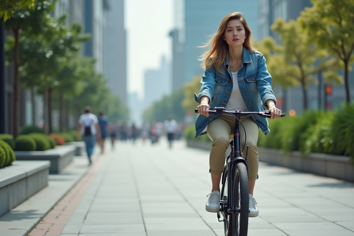Femme en denim et kaki sur vélo électrique dans une ville futuriste