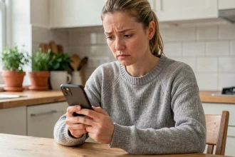 Femme vérifiant un appel entrant avec indicatif pays 41 sur son smartphone dans une cuisine moderne