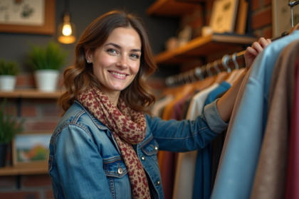 Femme souriante en veste en jean vintage dans une boutique