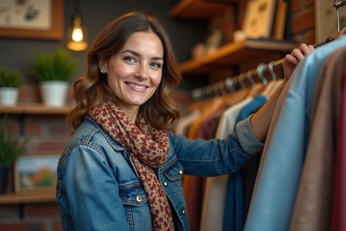 Femme souriante en veste en jean vintage dans une boutique