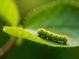 Feuille d arbre à pomme verte avec chenille vive en plein jour