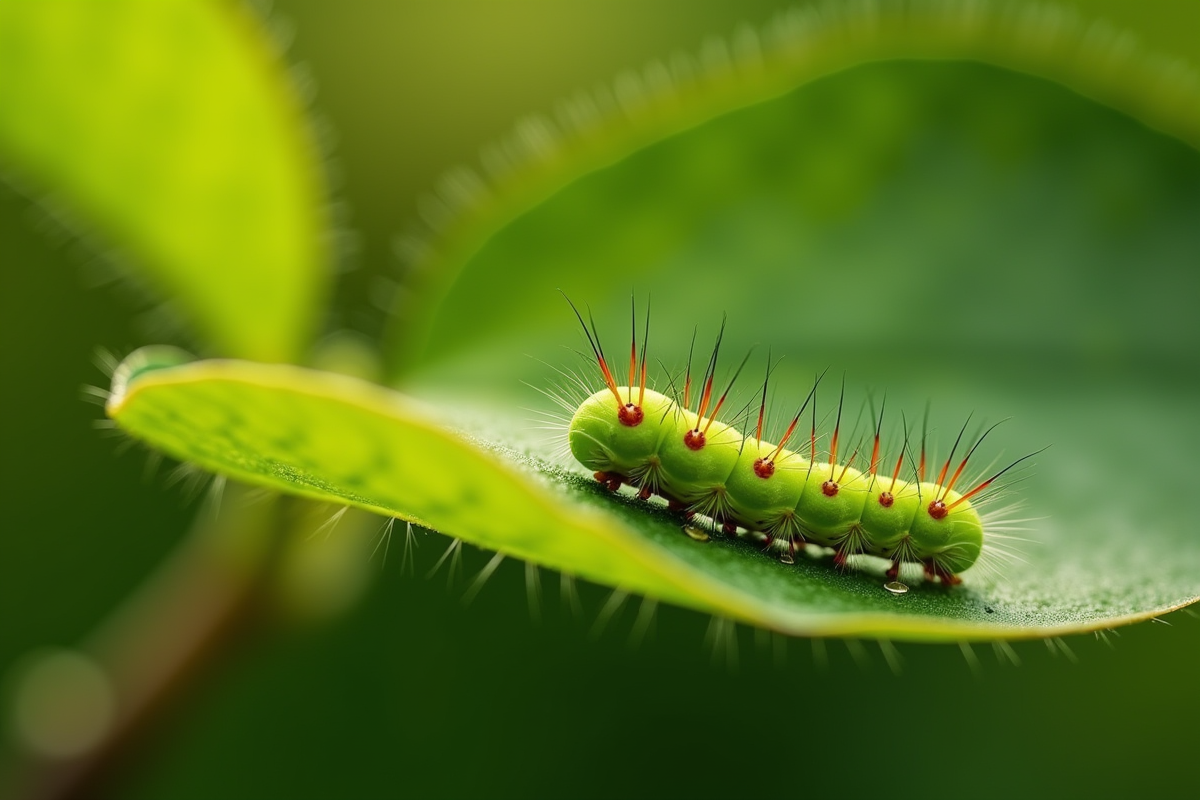 Feuille d arbre à pomme verte avec chenille vive en plein jour