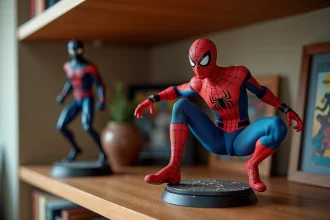 Figurine articulée Spider-Man et statuette collector côte à côte sur une étagère de collectionneur