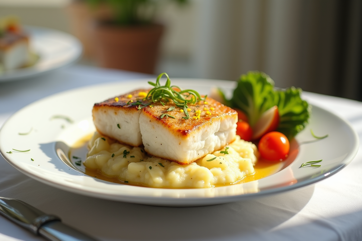 Assiette de filet de mer parfaitement cuit avec purée et herbes
