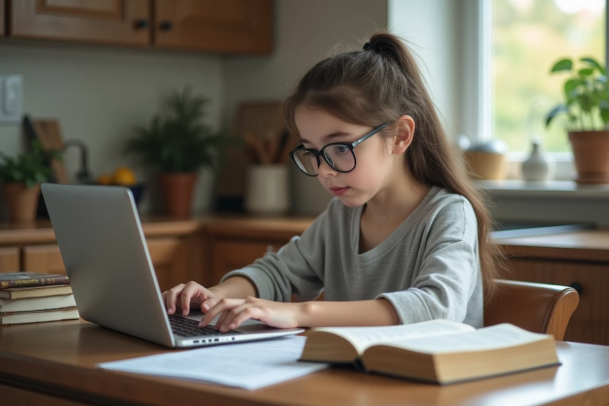 Fille de 16 ans travaillant sur un ordinateur à la maison