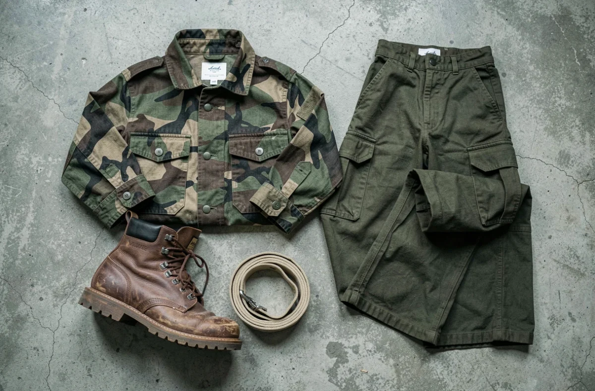 Flat lay de vêtements militaires : veste camouflage, rangers marron, treillis et ceinture canvas sur béton brut