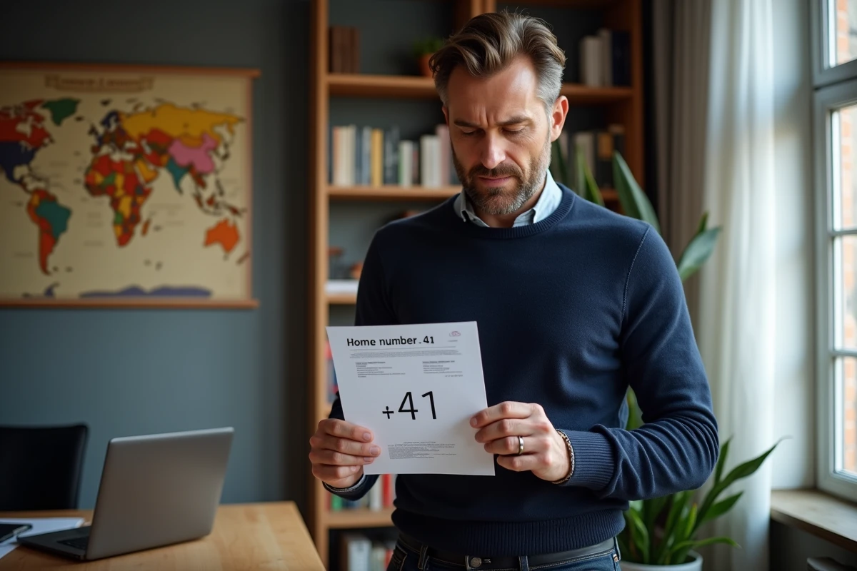 Homme consultant un document imprimé avec un numéro de téléphone suisse correctement formaté avec l'indicatif international +41