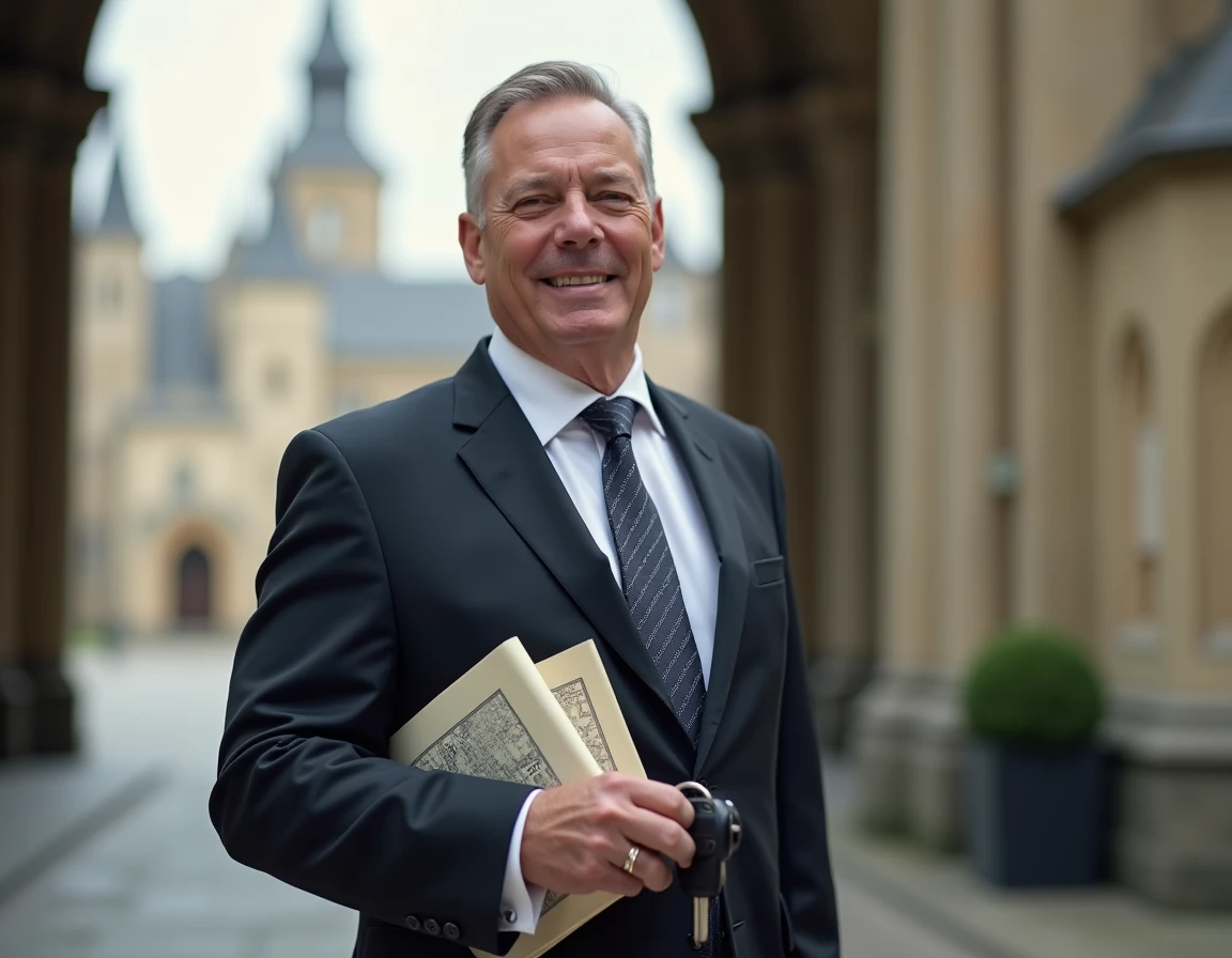 Franck, chauffeur VTC Chartres et Blois, en costume devant la cathédrale de Chartres