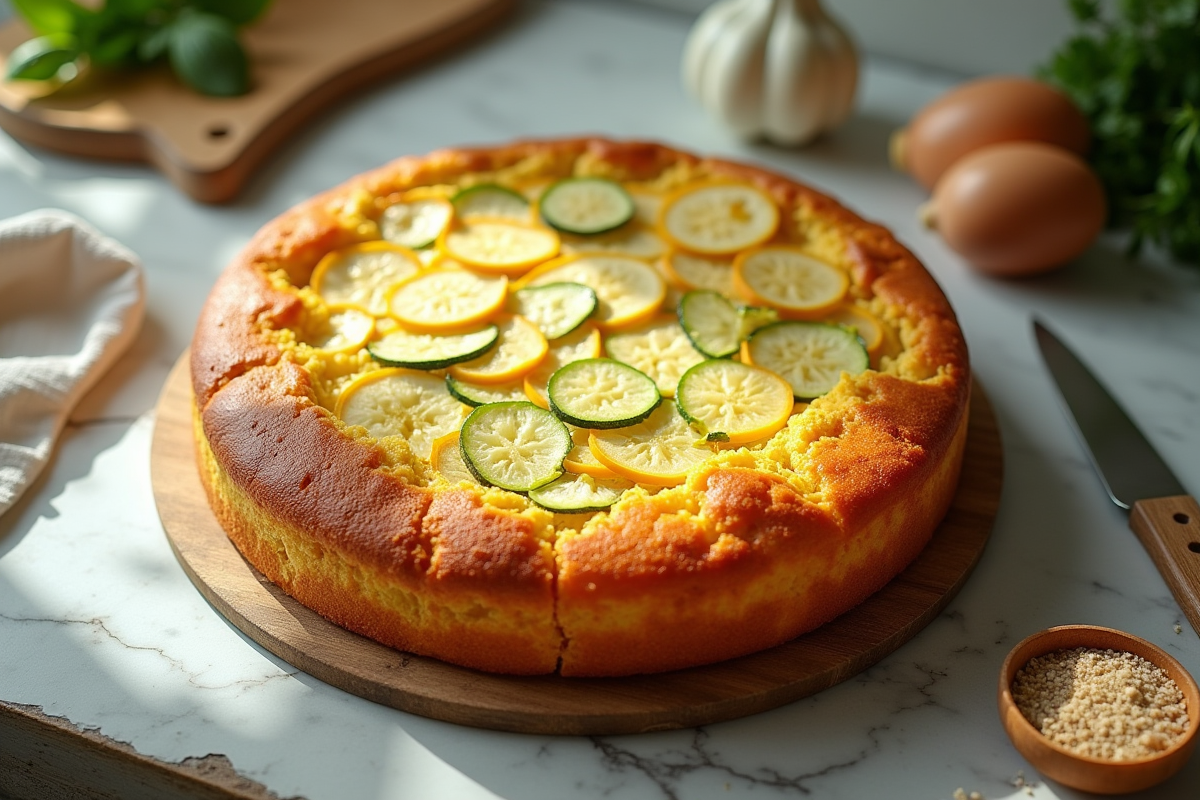 Gâteau courgette et chèvre entier dans cuisine moderne