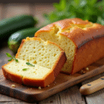 Gâteau courgette et chèvre tranché sur table rustique