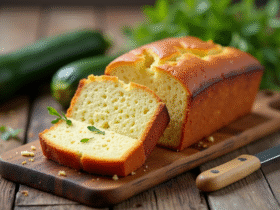 Gâteau courgette et chèvre tranché sur table rustique