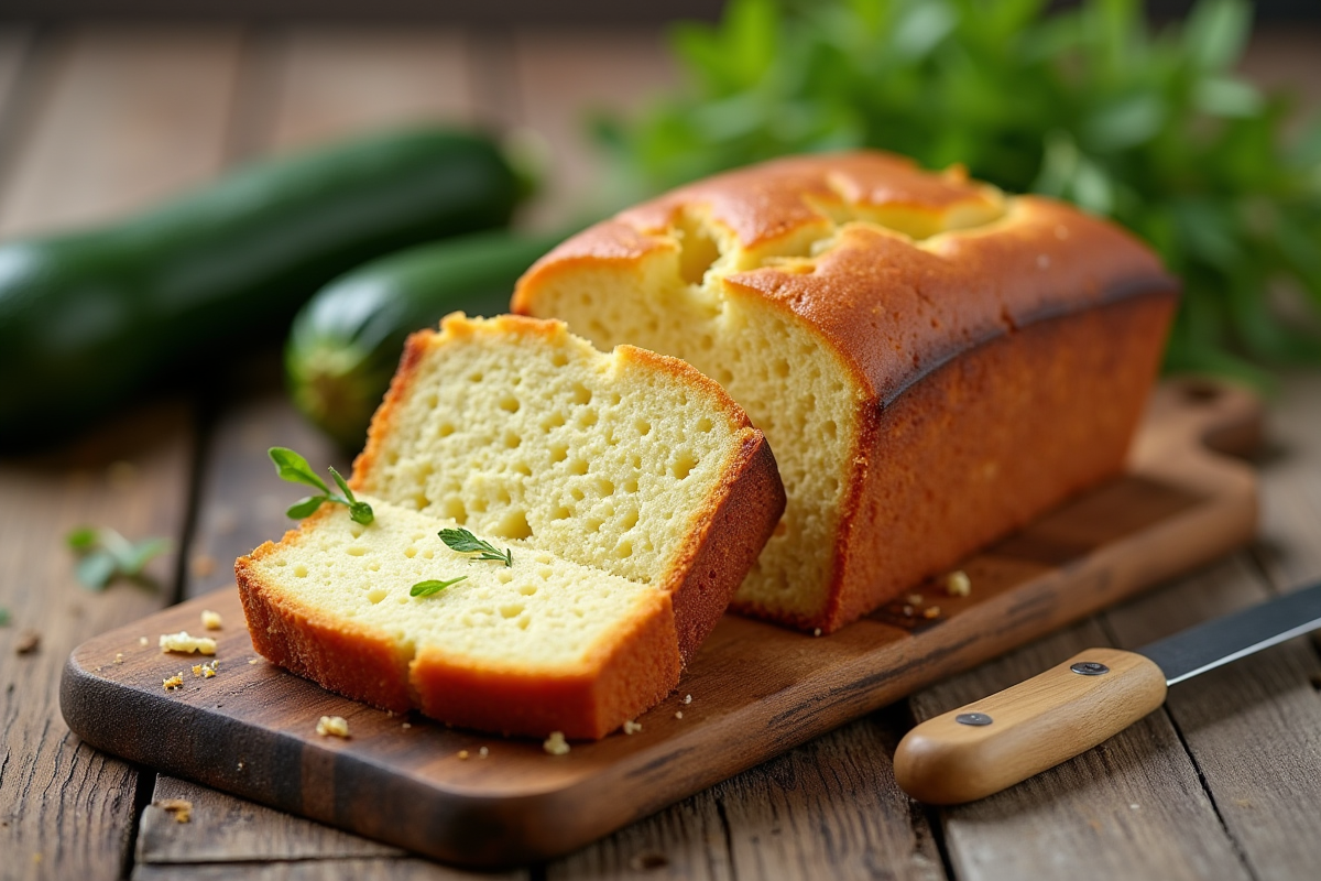 Gâteau courgette et chèvre tranché sur table rustique