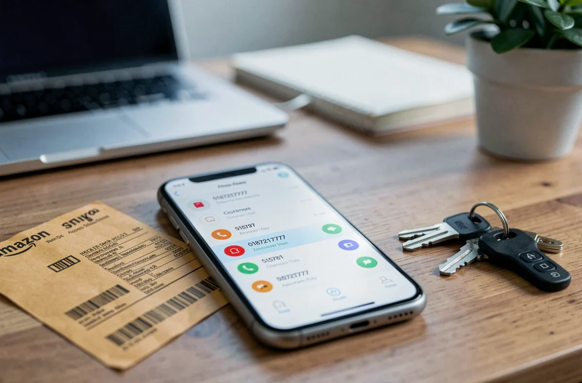 Gros plan d'un smartphone affichant le numéro 0187217777 dans le journal d'appels posé près d'une étiquette de livraison Amazon