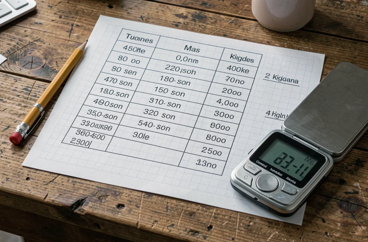 Gros plan d'un tableau de conversion tonnes kilogrammes posé sur une table en bois avec une balance numérique