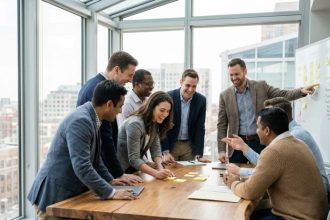 groupe en brainstorming collaboratif dans un bureau moderne