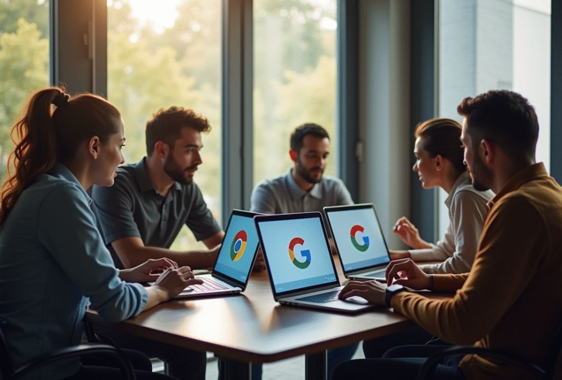 Groupe de personnes discutant de moteurs de recherche alternatifs