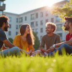 Groupe de jeunes adultes riant sur un campus ensoleille