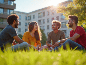 Groupe de jeunes adultes riant sur un campus ensoleille