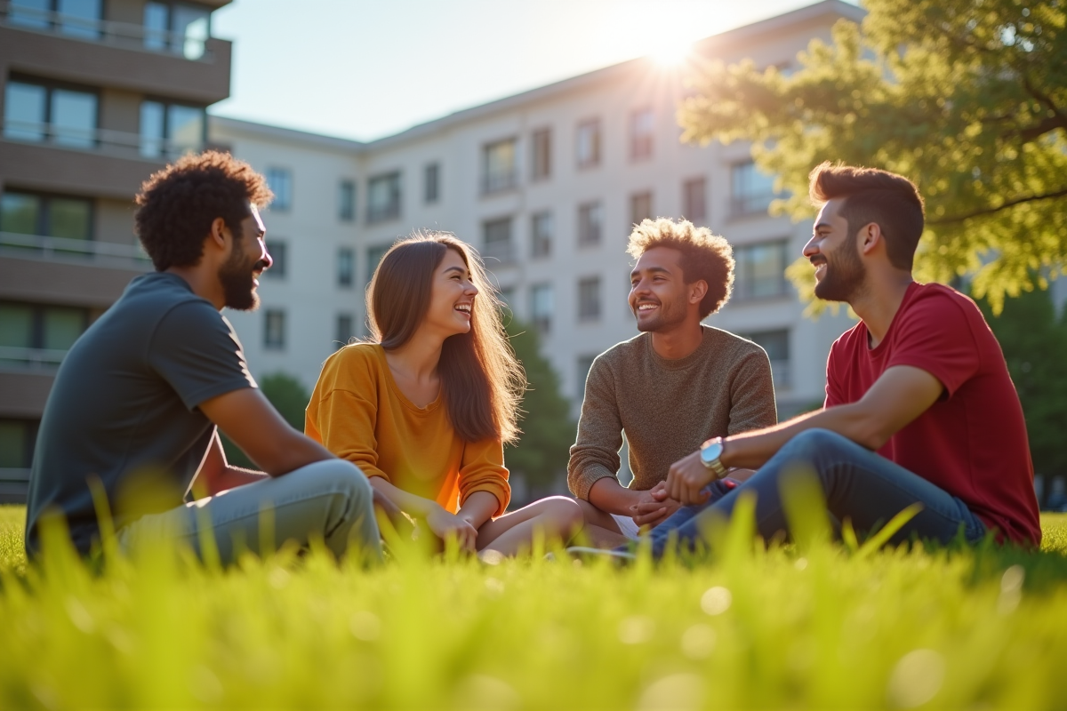 Groupe de jeunes adultes riant sur un campus ensoleille