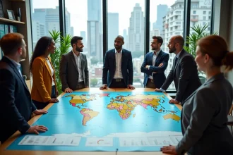 Groupe diversifié autour d'une carte du monde en réunion