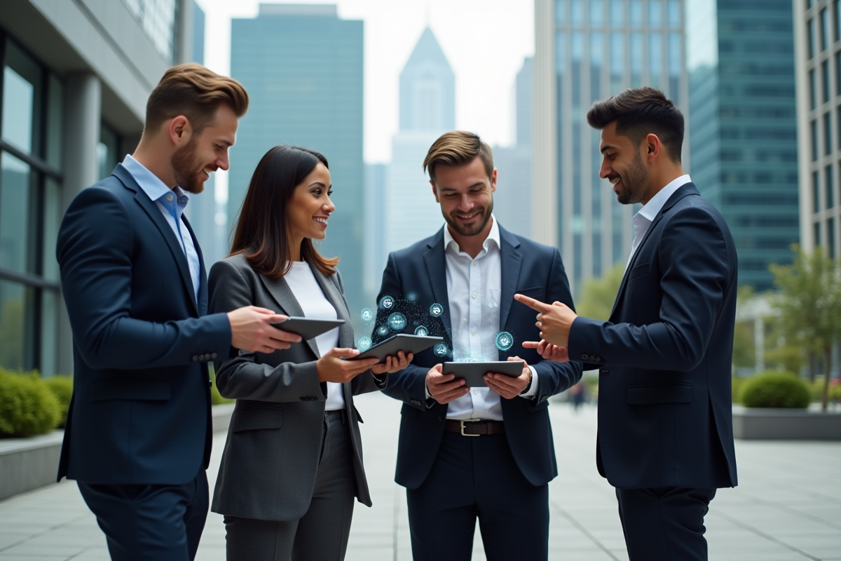 Groupe de professionnels utilisant des tablettes en extérieur