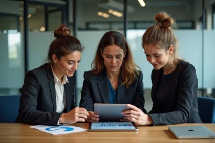 Groupe de jeunes professionnels discutant autour d'une tablette