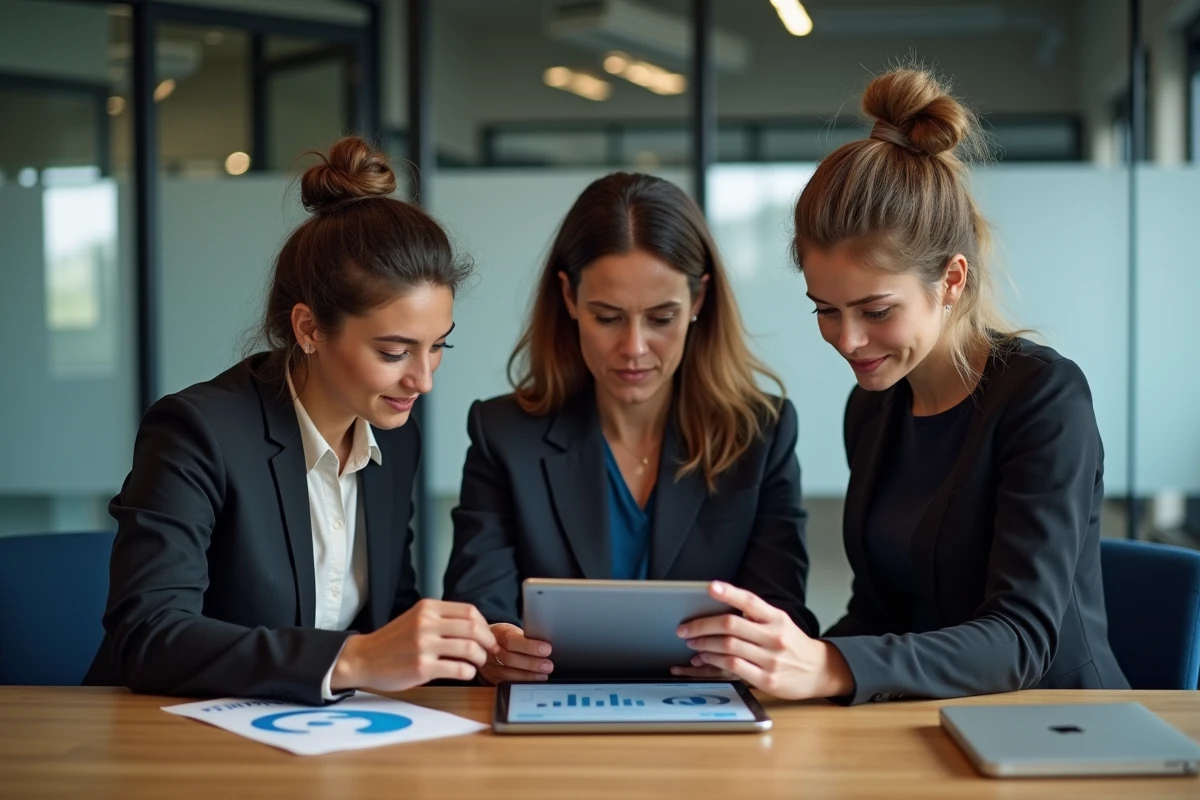Groupe de jeunes professionnels discutant autour d'une tablette