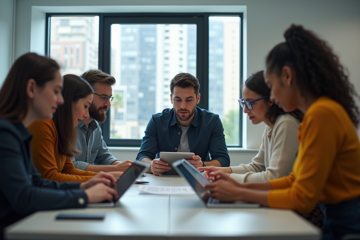 Groupe multiculturel utilisant tablettes pour traduire avec Deepl