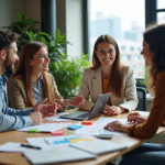 Groupe de quatre adultes en coworking discutant