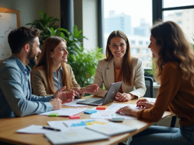 Groupe de quatre adultes en coworking discutant