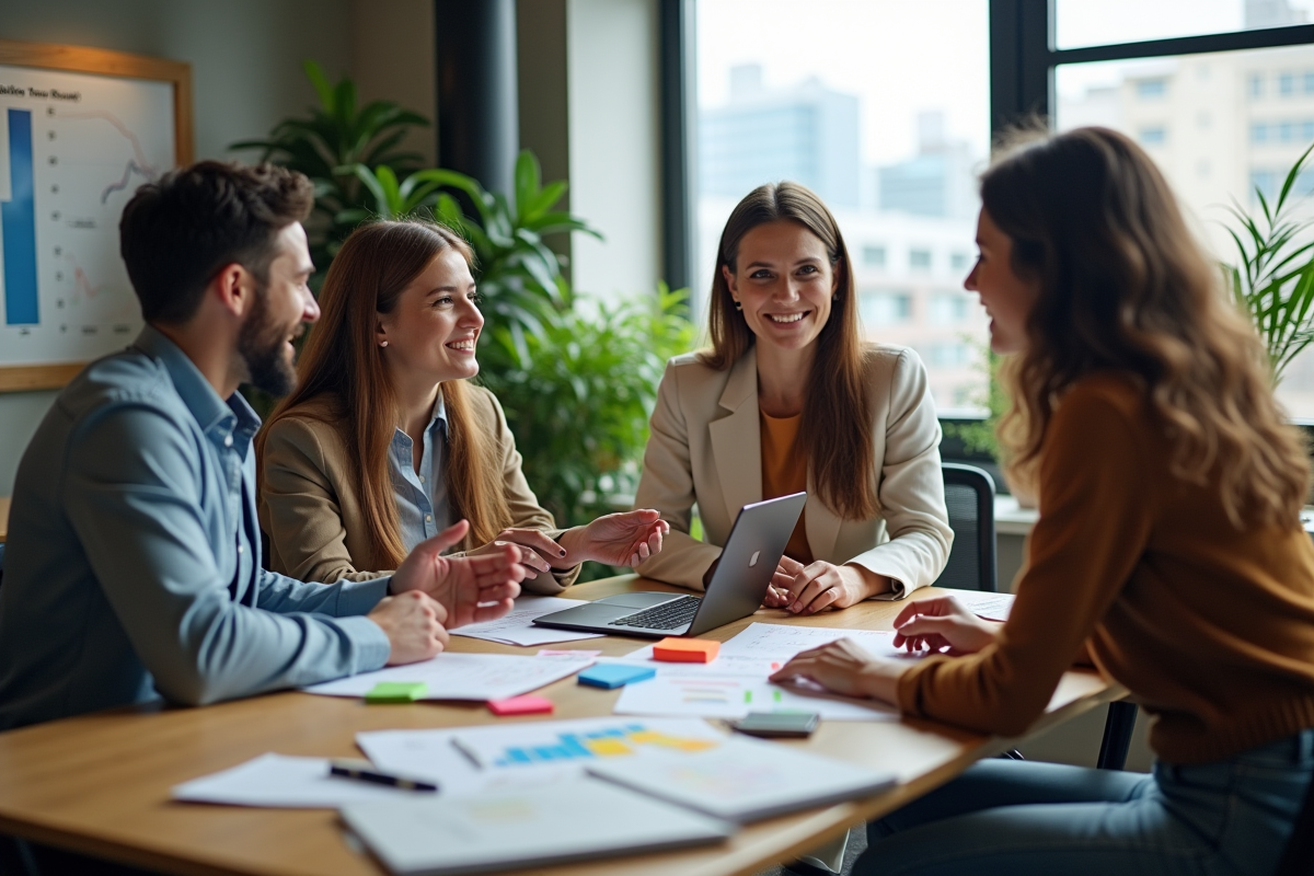 Groupe de quatre adultes en coworking discutant