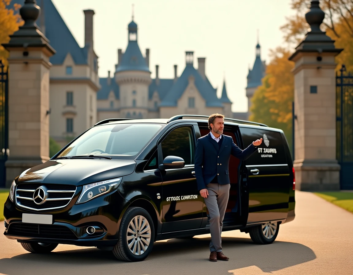 Minivan GT Tours Location devant le château de Chambord avec un chauffeur accueillant les passagers
