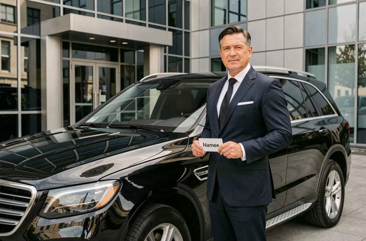 Chauffeur H.M Prestige VTC devant un SUV haut de gamme noir et un bâtiment moderne