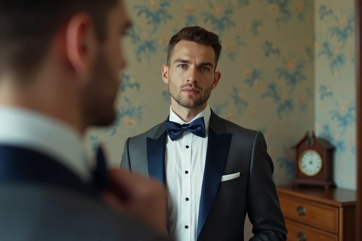 Homme en costume ajustant un nœud papillon bleu marine élégant
