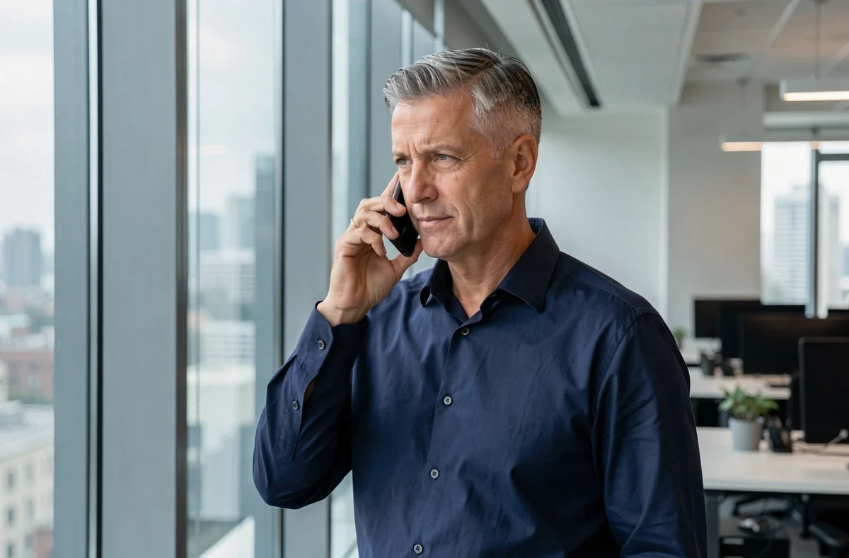 Homme en bureau répondant à un appel téléphonique international avec indicatif 41 depuis la Suisse