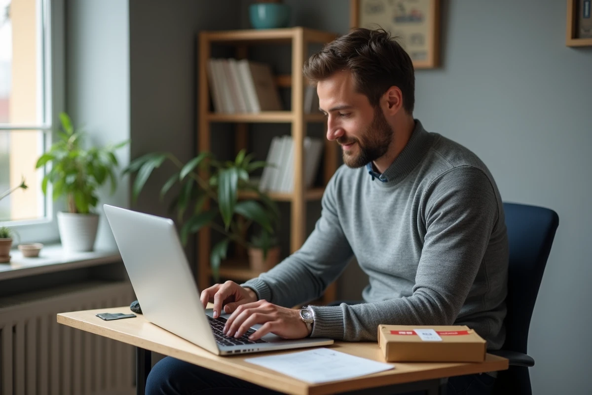 Homme assis à son bureau consultant le site La Poste sur ordinateur pour modifier une livraison urgente