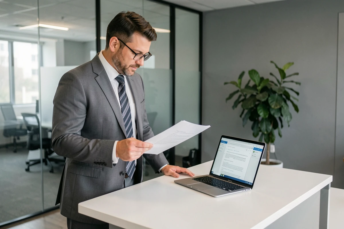 Homme en costume révisant la formule de politesse d'un email adressé à un huissier dans un bureau moderne en open space