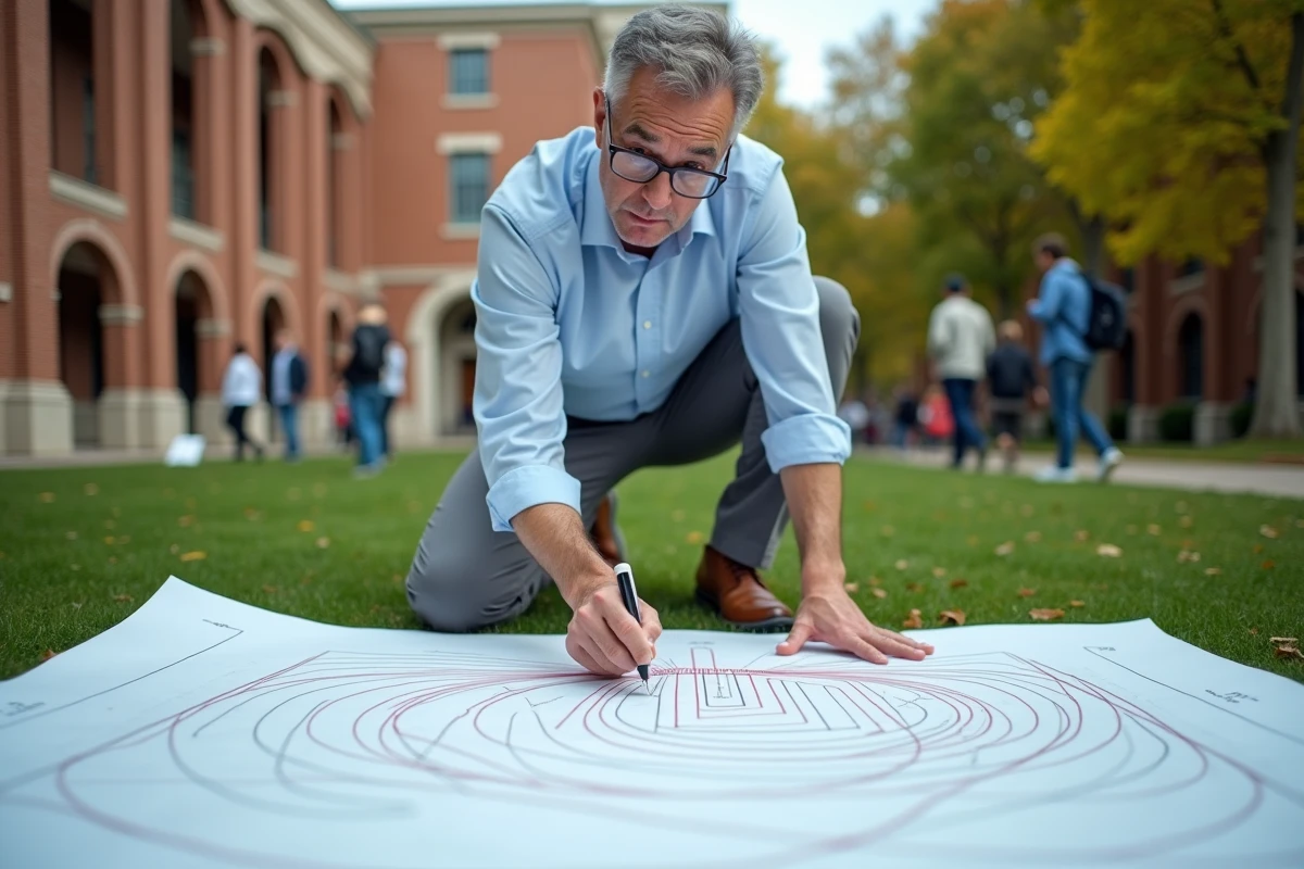 Homme expliquant un diagramme de champ électrique en extérieur