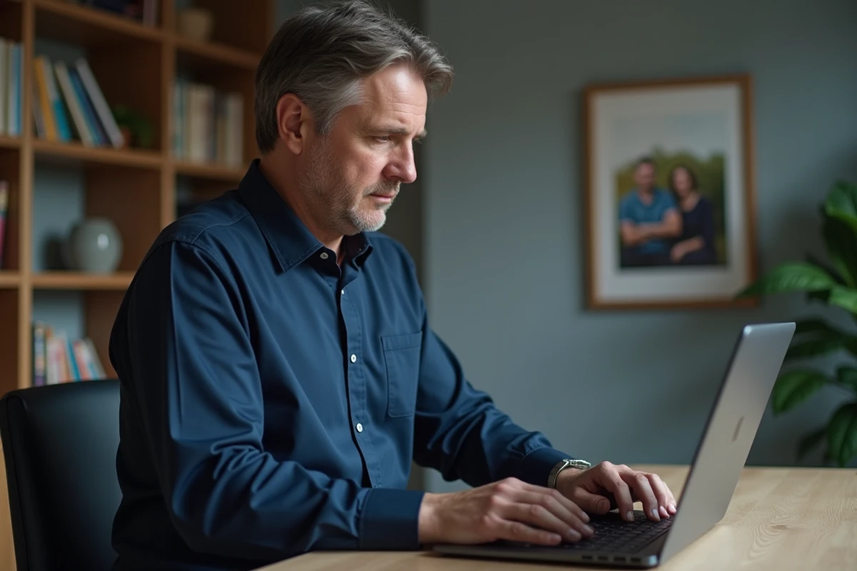 Homme en deuil rédigeant un email sur ordinateur portable pour notifier les proches d'un décès