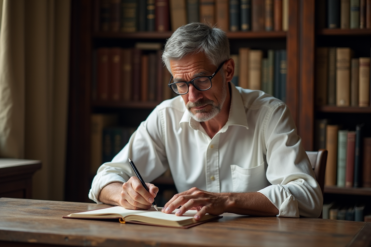 Homme écrivant dans un studio de poésie ancien