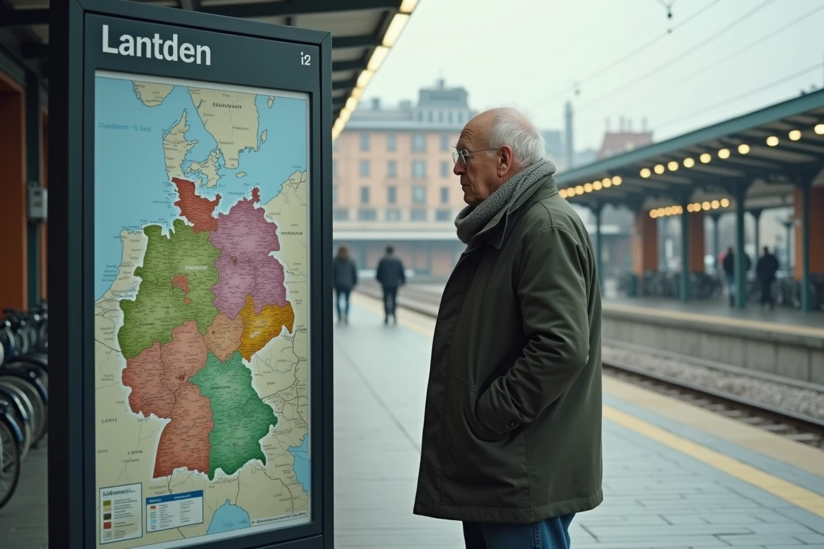 Homme âgé étudie une carte des Länder en extérieur