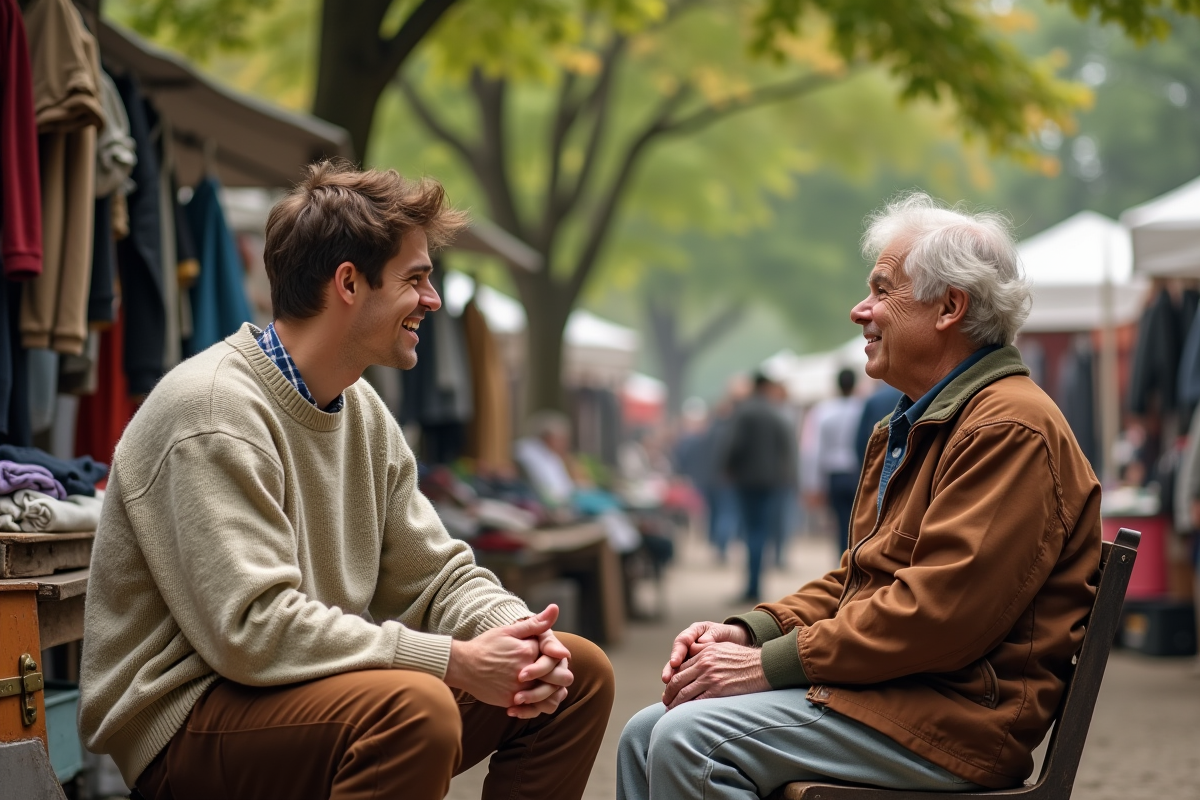 Jeune homme discutant avec vendeur au marché aux puces