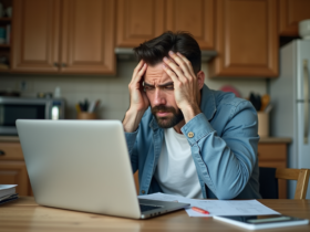 Homme d'âge moyen frustré devant son ordinateur dans la cuisine