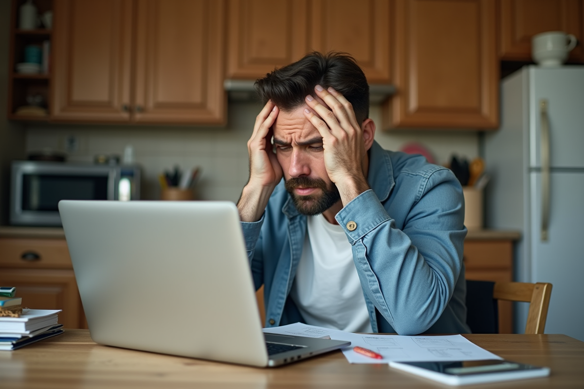 Homme d'âge moyen frustré devant son ordinateur dans la cuisine