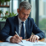 Homme d'âge moyen en costume bleu analyse des documents financiers