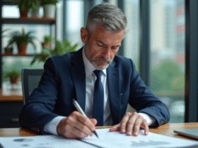 Homme d'âge moyen en costume bleu analyse des documents financiers